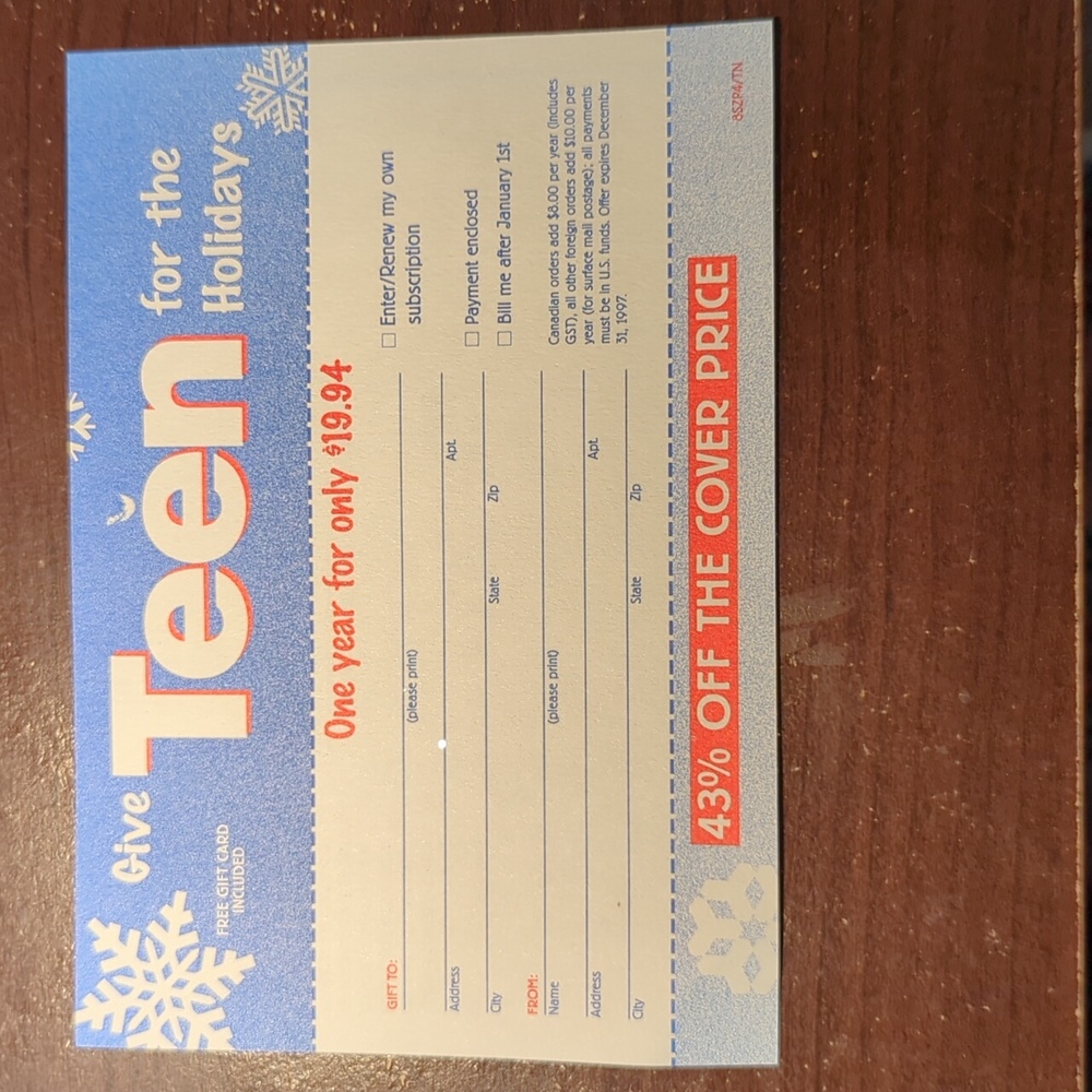 1997 Teen Magazine subscription order card forms.